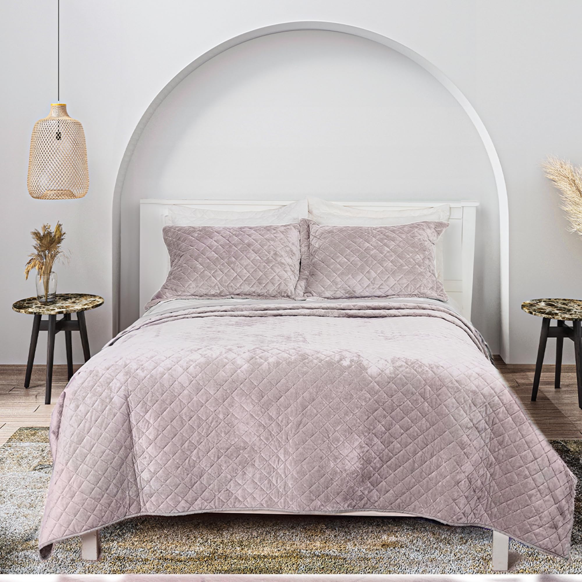 Luxury Velvet King Quilt Set, Ultra Soft Lightweight with 2 Shams Diamond Pattern, for All Season, Aqua Green