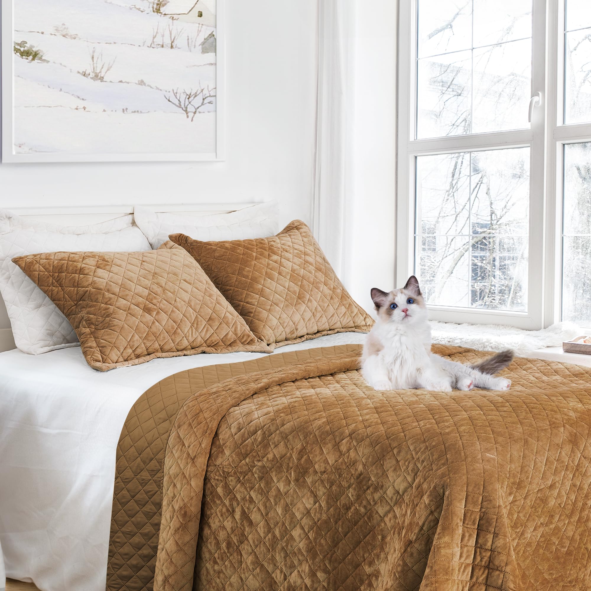 Luxury Velvet King Quilt Set, Ultra Soft Lightweight with 2 Shams Diamond Pattern, for All Season, Aqua Green